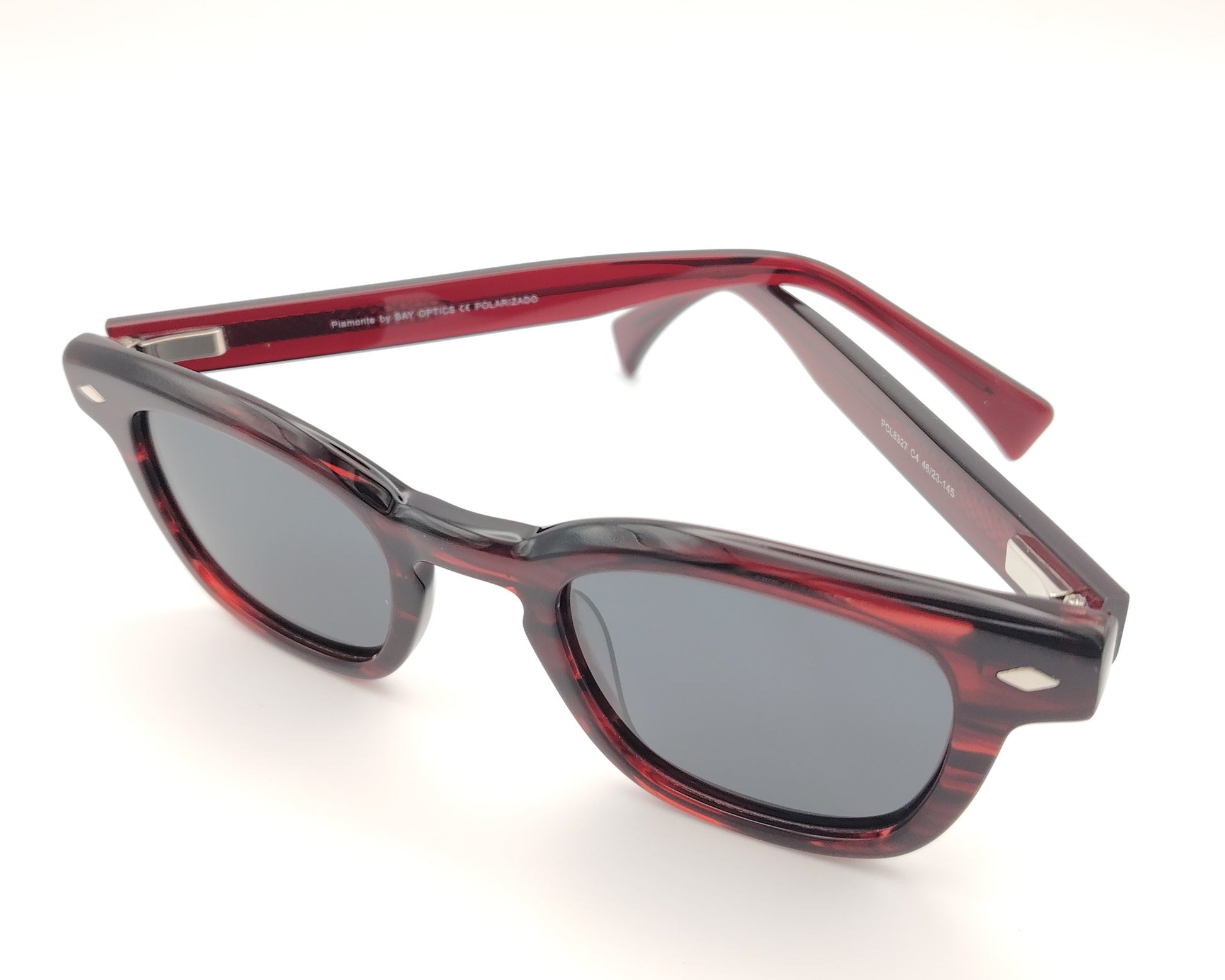gafas de sol de acetato en negro y rojo jaspeado con lentes polarizadas para caras pequeñas