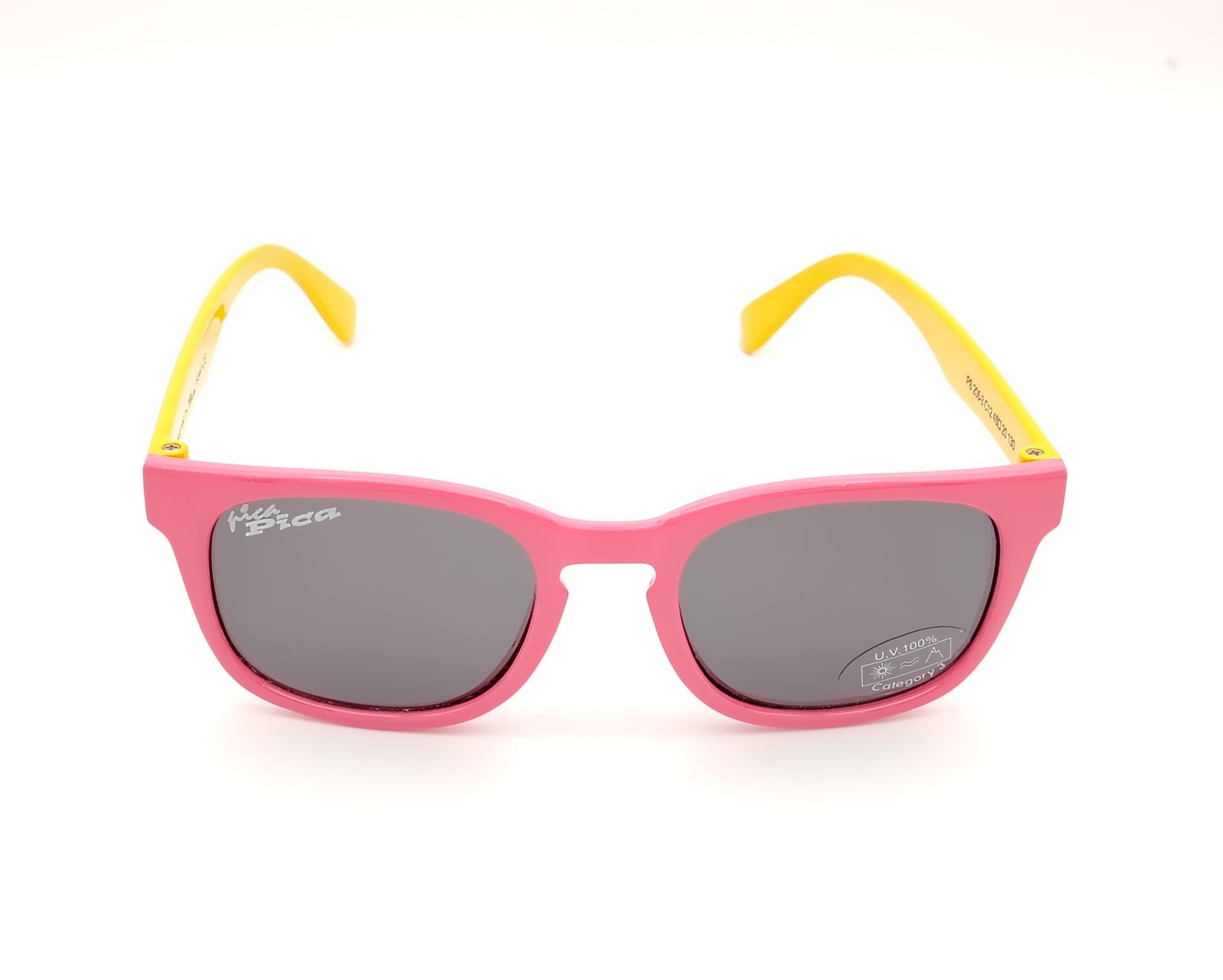pica pica ps 205 3 c12 gafas de niña en formato cuadrado de pasta, de color rosa en el frente y amarillo en las varillas