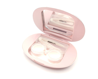 estuche para lentillas con espejo y pinza en color rosa

