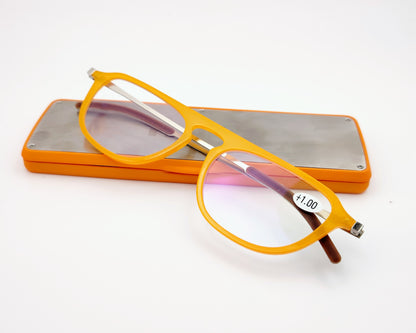 gafas de lectura premontadas para presbicia con diseño compacto y ultraligero, incluyen un estuche plano y resistente ideal para llevar en el bolsillo, disponibles en varias graduaciones, color amarillo