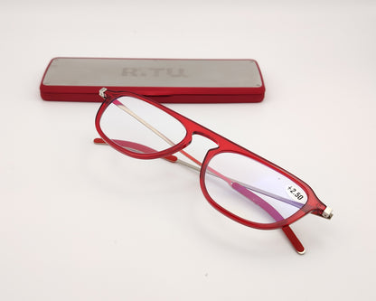 gafas de lectura premontadas para presbicia con diseño compacto y ultraligero, incluyen un estuche plano y resistente ideal para llevar en el bolsillo, disponibles en varias graduaciones, color rojo