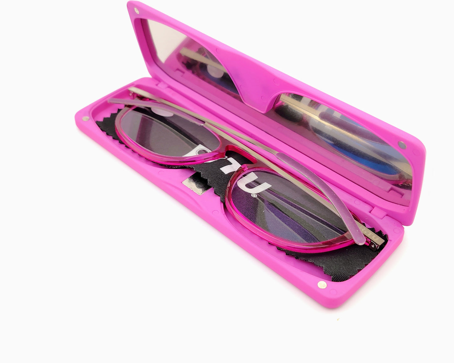 gafas de lectura premontadas para presbicia con diseño compacto y ultraligero, incluyen un estuche plano y resistente ideal para llevar en el bolsillo, disponibles en varias graduaciones, color rosa