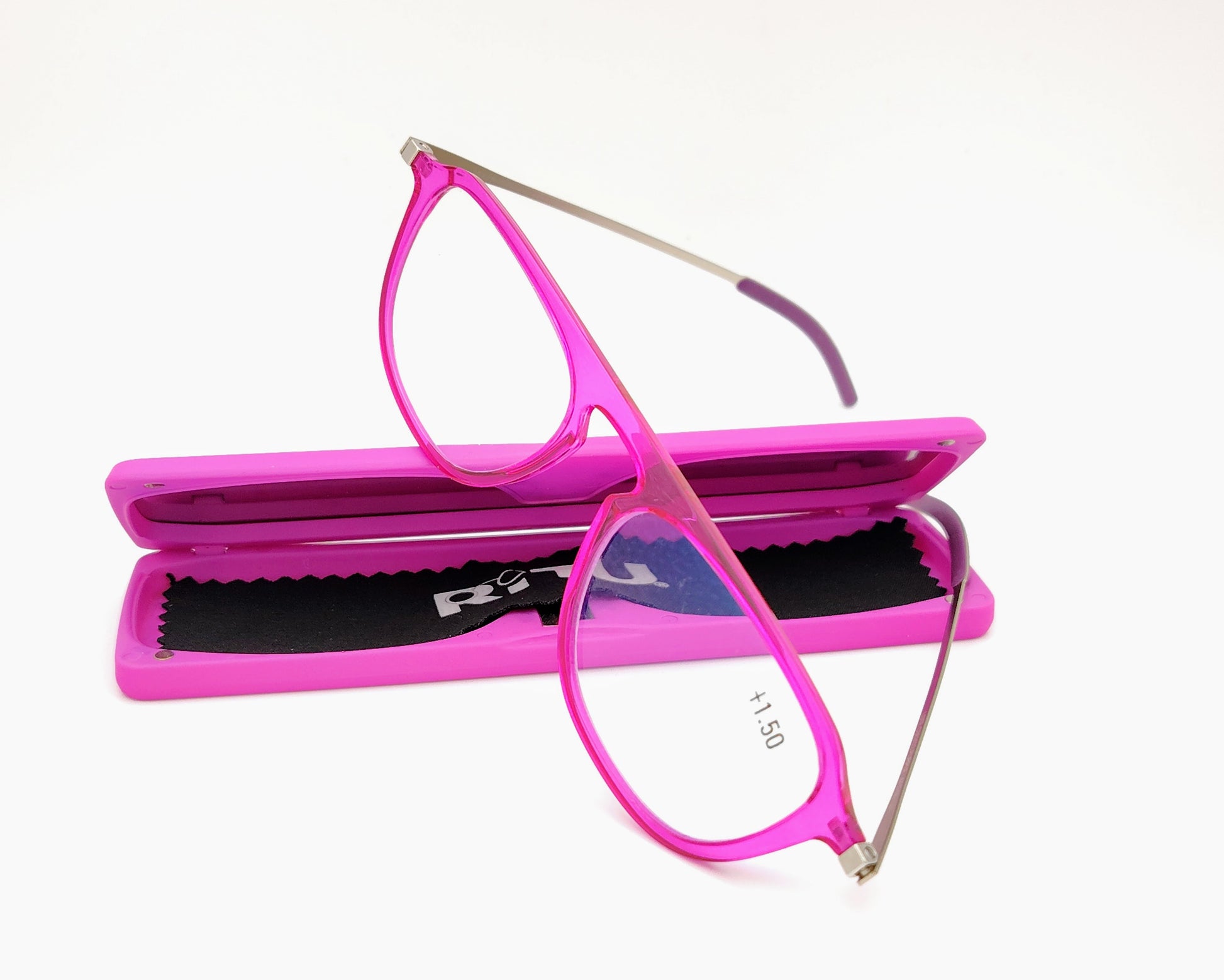 gafas de lectura premontadas para presbicia con diseño compacto y ultraligero, incluyen un estuche plano y resistente ideal para llevar en el bolsillo, disponibles en varias graduaciones, color rosa