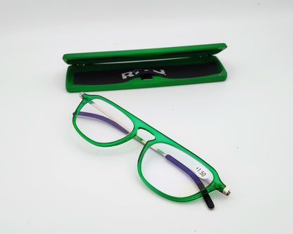 gafas de lectura premontadas para presbicia con diseño compacto y ultraligero, incluyen un estuche plano y resistente ideal para llevar en el bolsillo, disponibles en varias graduaciones, color verde