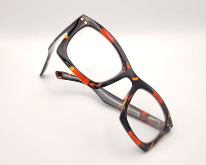 gafas premontadas de lectura de forma cuadrada en carey oscuro con manchas naranja