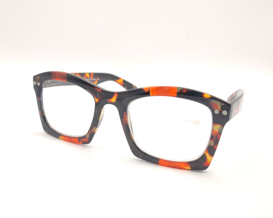 gafas premontadas de lectura de forma cuadrada en carey oscuro con manchas naranja