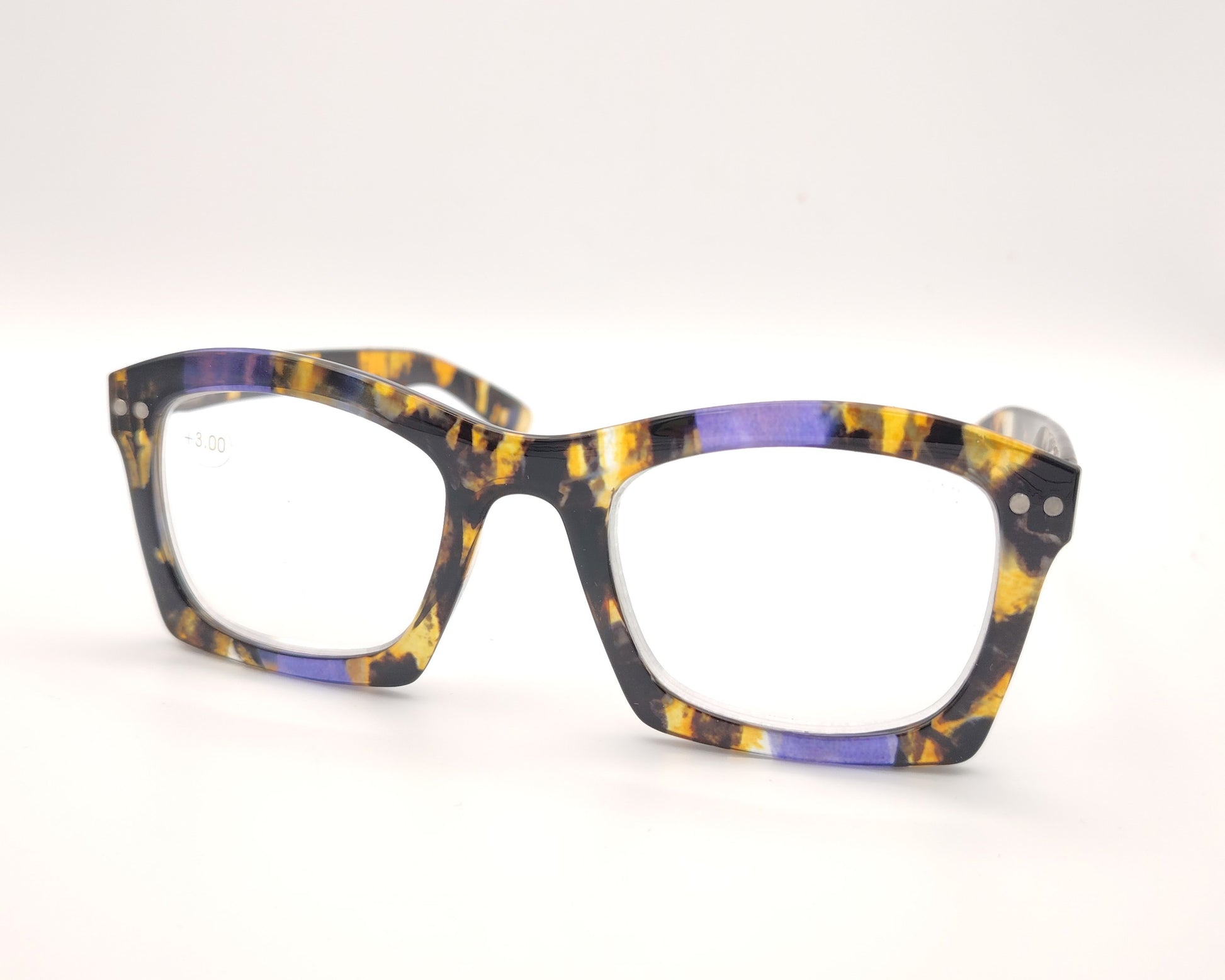 gafas premontadas de lectura  de forma cuadrada en carey oscuro amarillo y lila   +3.00 dioptrias