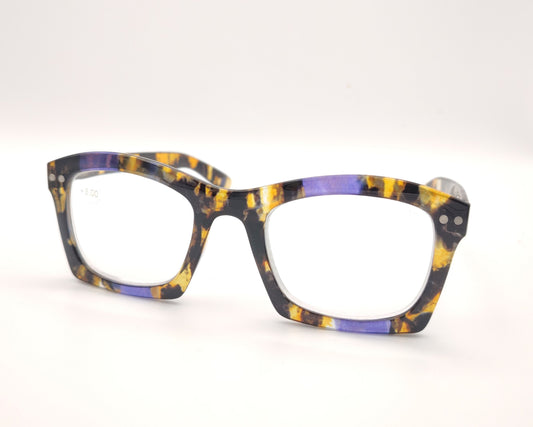 gafas premontadas de lectura  de forma cuadrada en carey oscuro amarillo y lila   +3.00 dioptrias