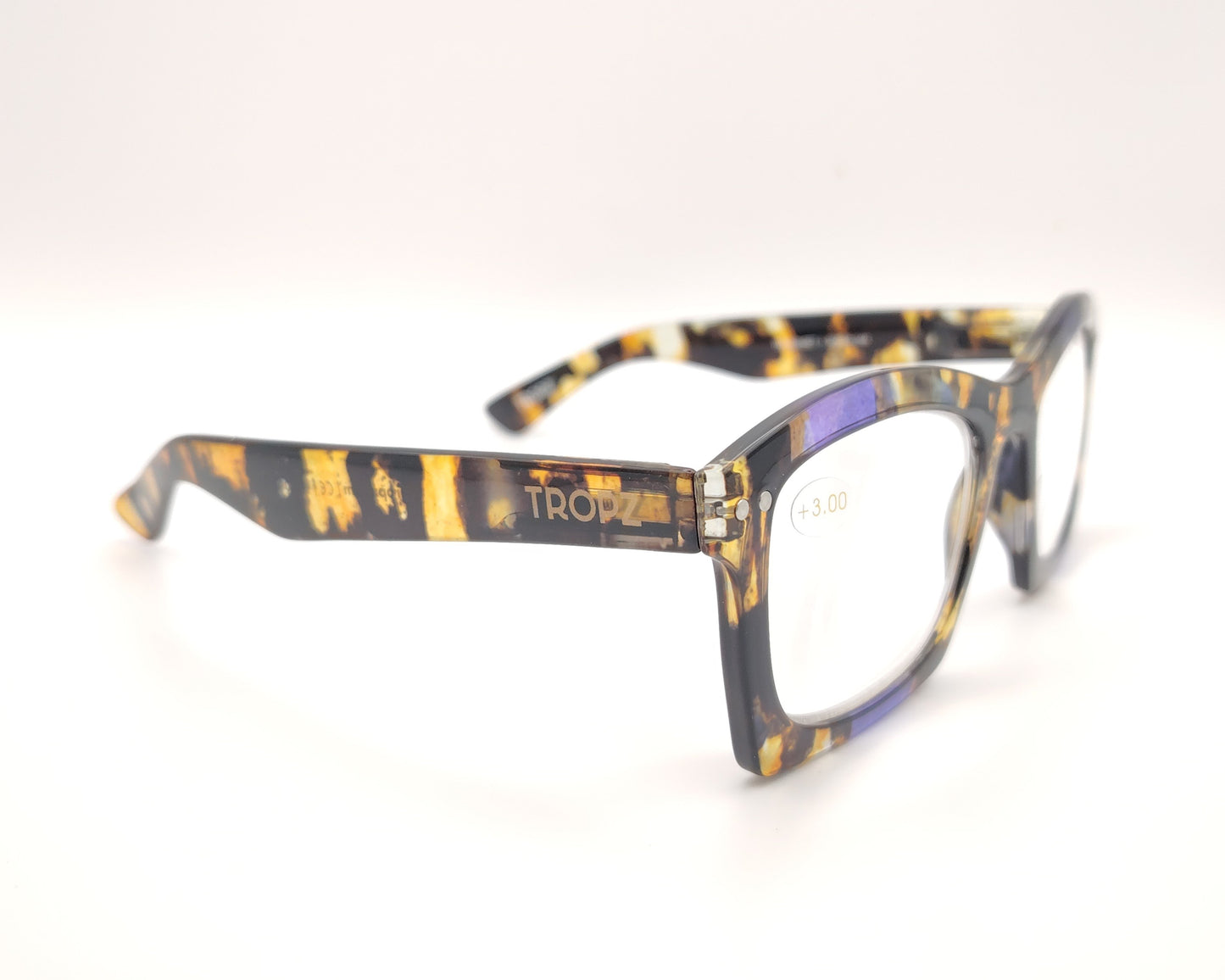 gafas premontadas de lectura  de forma cuadrada en carey oscuro amarillo y lila   +3.00 dioptrias