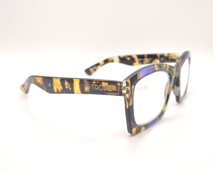 gafas premontadas de lectura  de forma cuadrada en carey oscuro amarillo y lila   +3.00 dioptrias