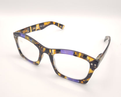 gafas premontadas de lectura  de forma cuadrada en carey oscuro amarillo y lila   