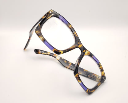 gafas premontadas de lectura  de forma cuadrada en carey oscuro amarillo y lila   