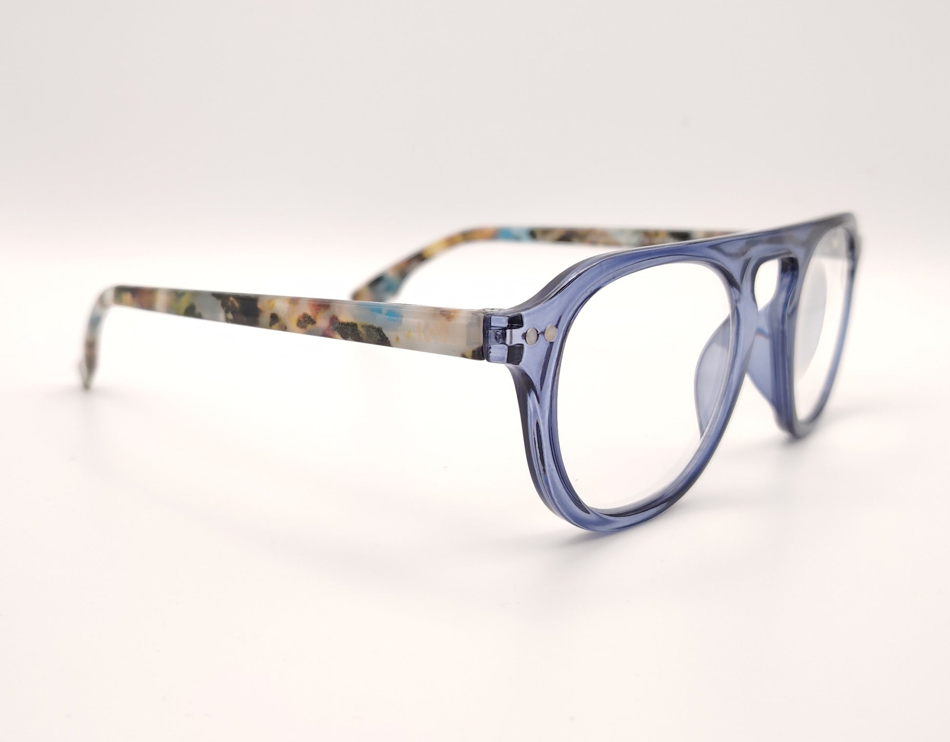 gafas premontadas con frontal lila translúcido y varillas de colores