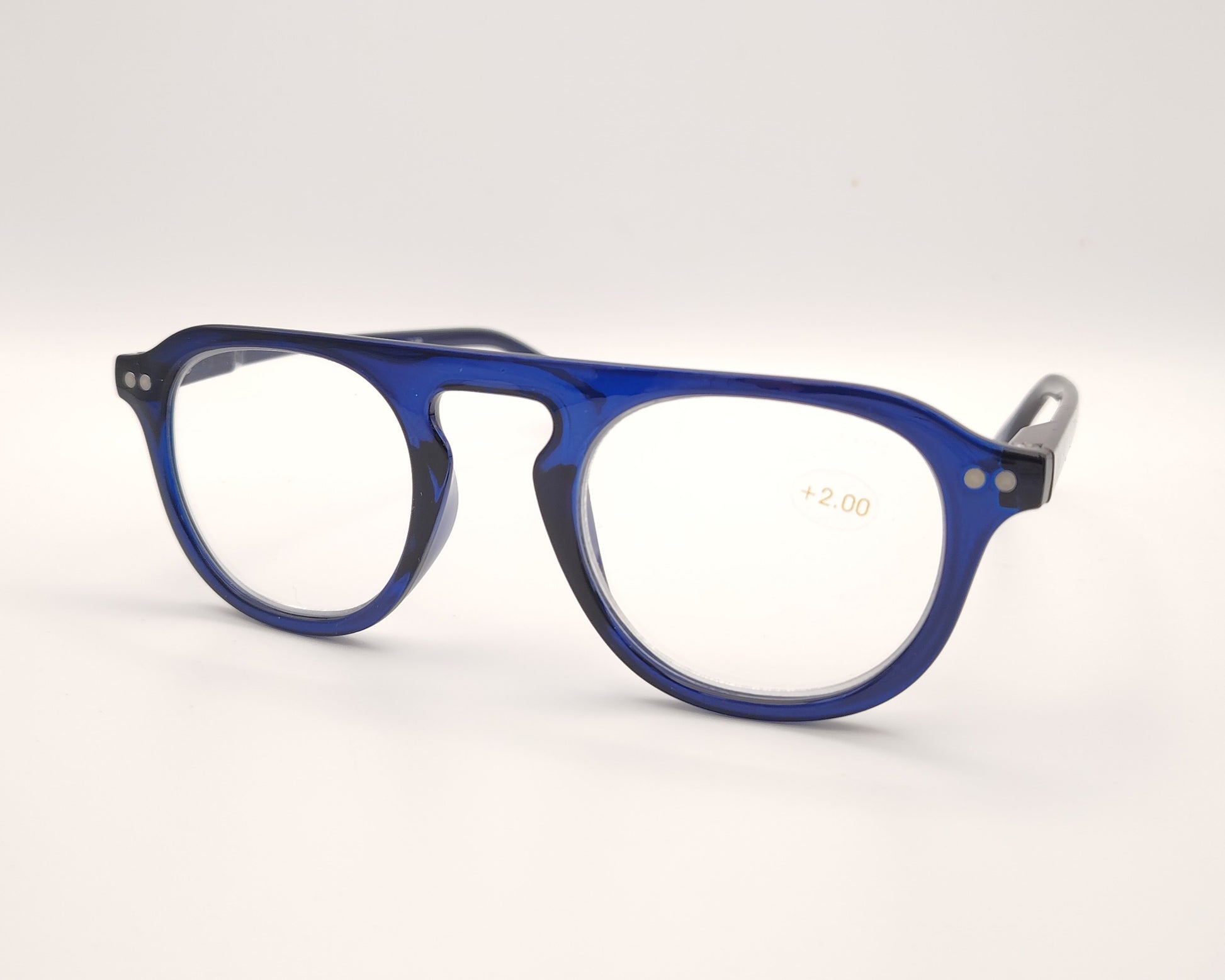 gafas premontadas color azul zafiro con forma redondeada 