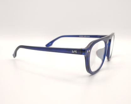 gafas premontadas color azul zafiro con forma redondeada 