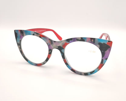 gafas premontadas de lectura de forma redondeada con frontal multicolor y varillas rojas translúcidas +2.00 dioptrías