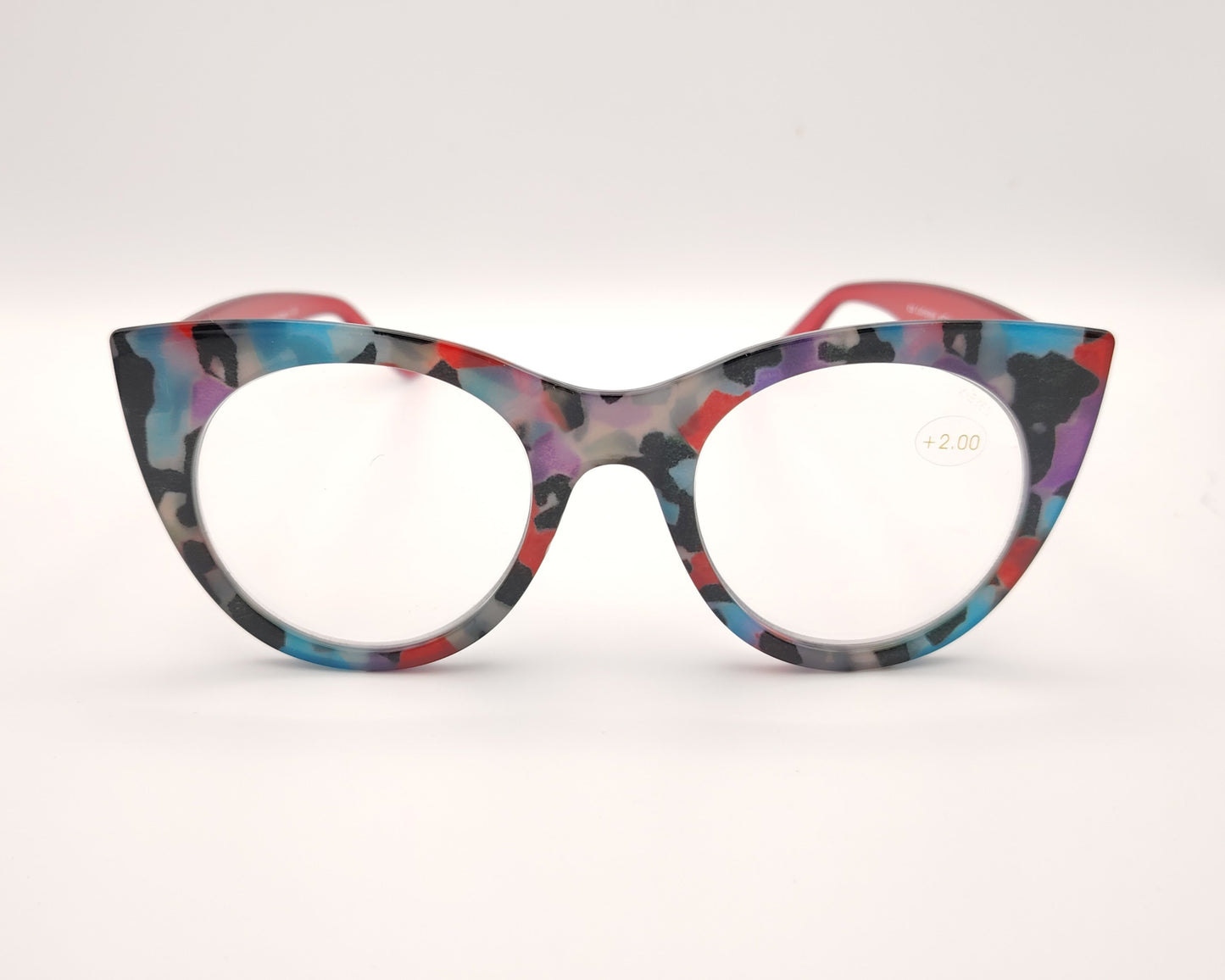 gafas premontadas de lectura de forma redondeada con frontal multicolor y varillas rojas translúcidas +2.00 dioptrías
