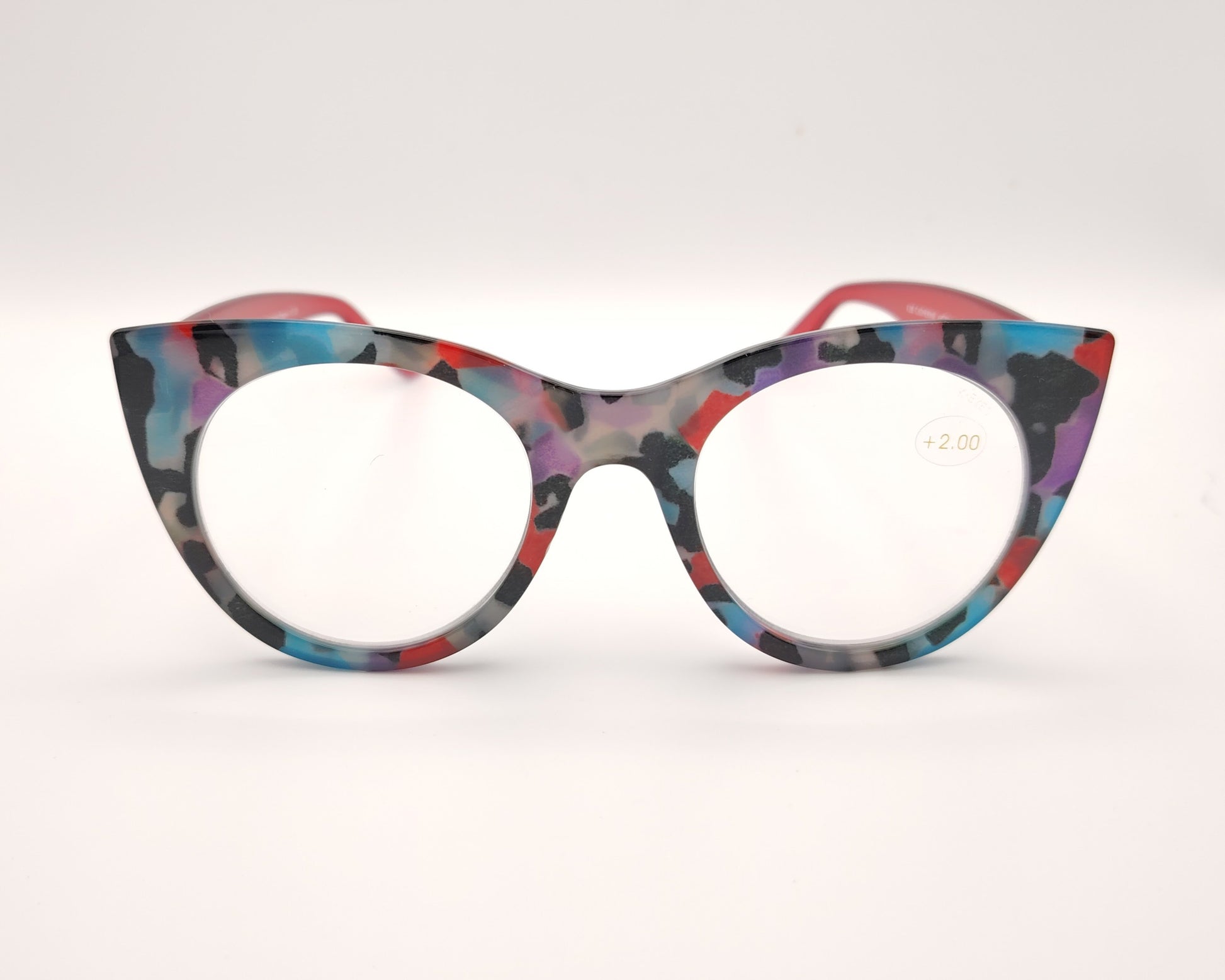 gafas premontadas de lectura de forma redondeada con frontal multicolor y varillas rojas translúcidas +2.00 dioptrías