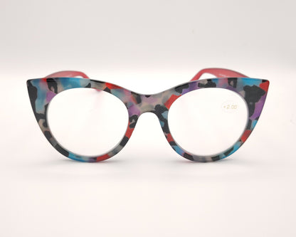 gafas premontadas de lectura de forma redondeada con frontal multicolor y varillas rojas translúcidas +2.00 dioptrías