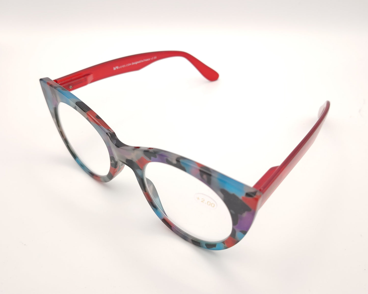 gafas premontadas de lectura de forma redondeada con frontal multicolor y varillas rojas translúcidas +2.00 dioptrías