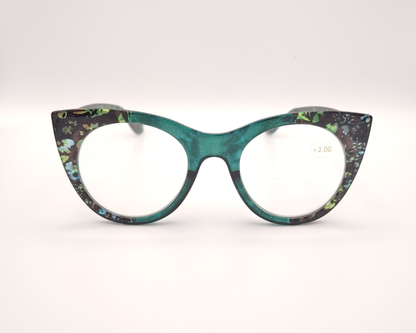 gafas premontadas de lectura de forma redondeada en verde con estampado multicolor en tonos negros y azules +2.00 dioptrías