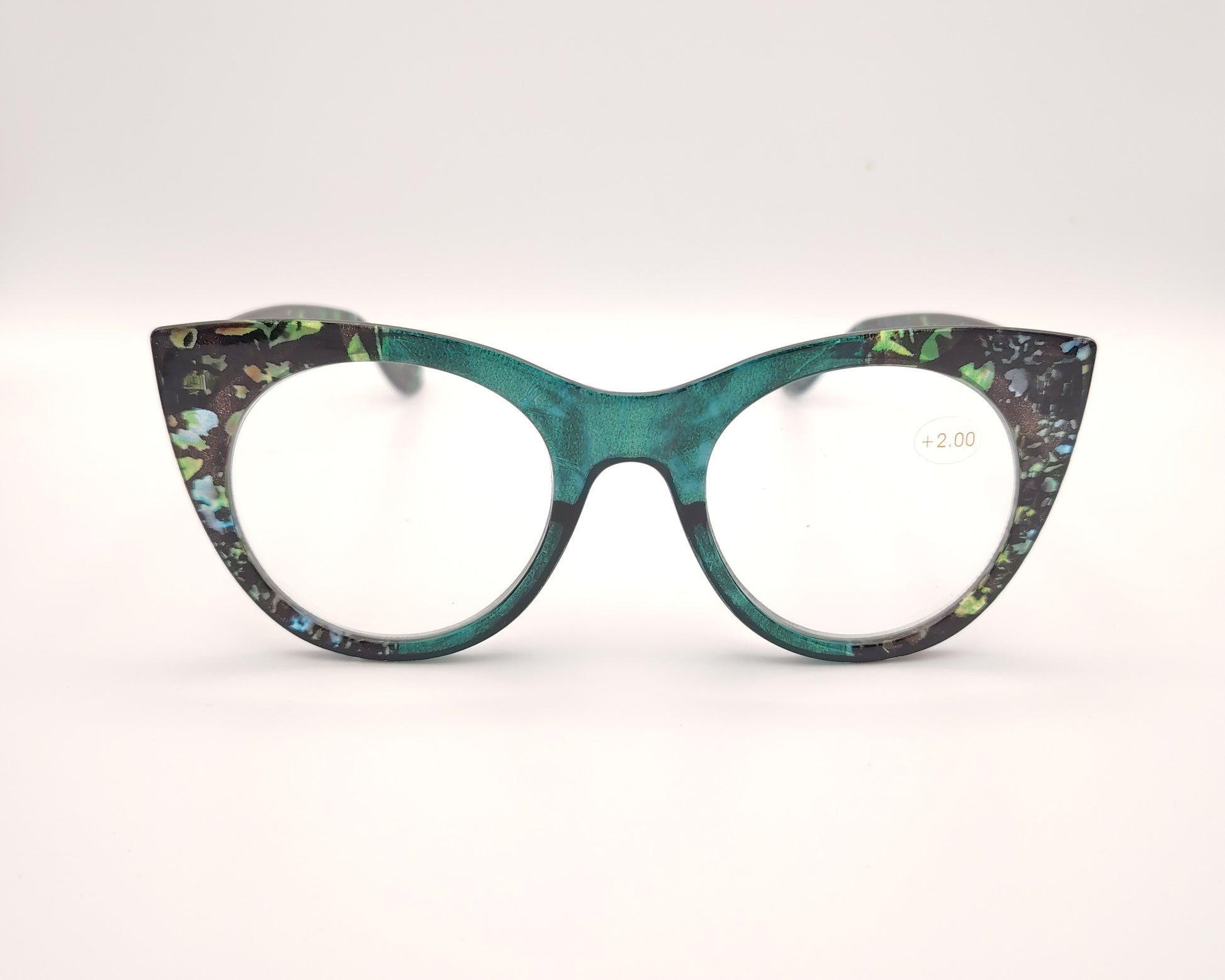 gafas premontadas de lectura de forma redondeada en verde con estampado multicolor en tonos negros y azules +2.00 dioptrías