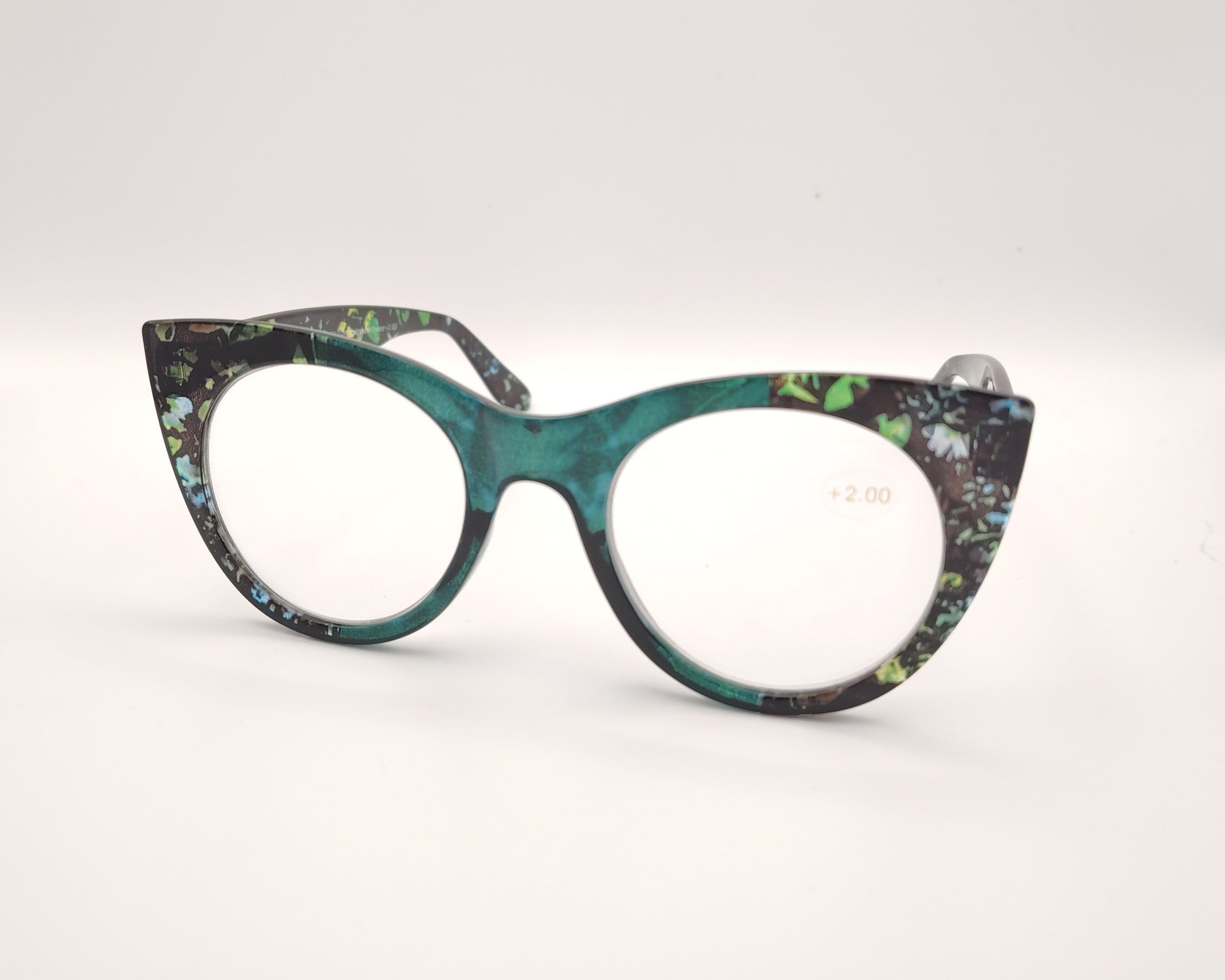 gafas premontadas de lectura de forma redondeada en verde con estampado multicolor en tonos negros y azules +2.00 dioptrías