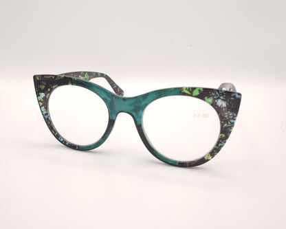 gafas premontadas de lectura de forma redondeada en verde con estampado multicolor en tonos negros y azules +2.00 dioptrías