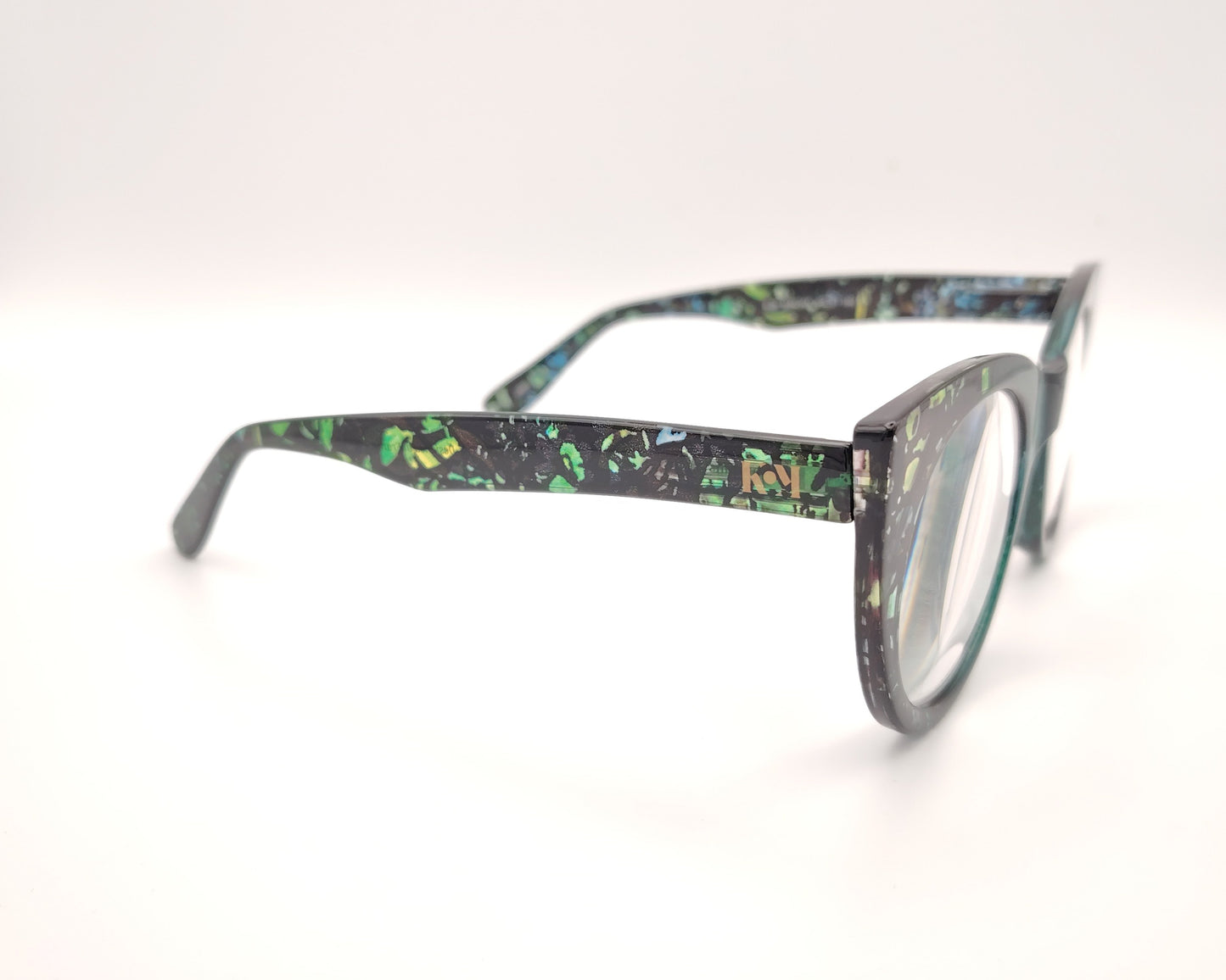 gafas premontadas de lectura de forma redondeada en negro con estampado multicolor en tonos verdes y azules