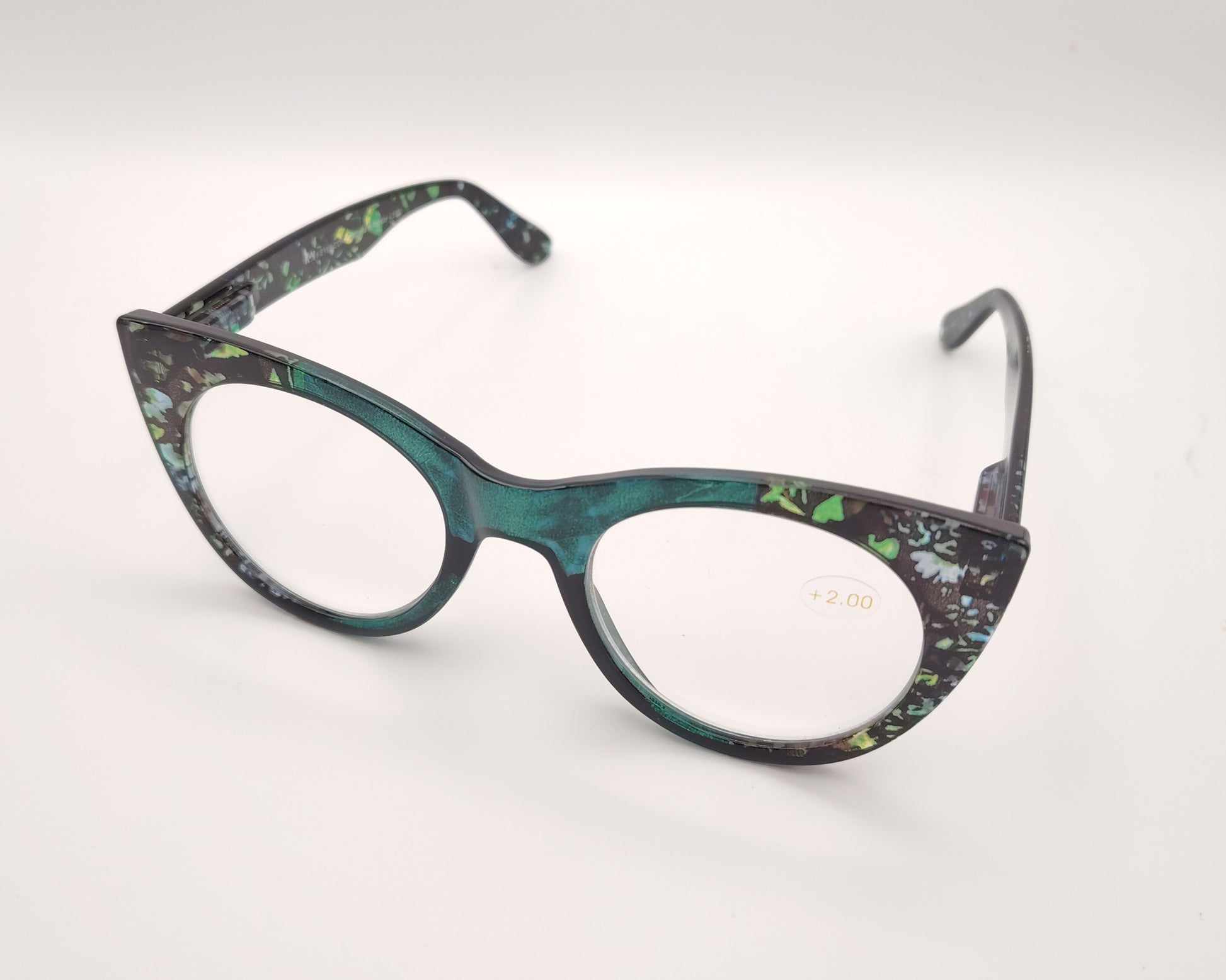 gafas premontadas de lectura de forma redondeada en verde con estampado multicolor en tonos negros y azules +2.00 dioptrías