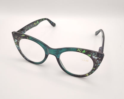 gafas premontadas de lectura de forma redondeada en verde con estampado multicolor en tonos negros y azules +2.00 dioptrías