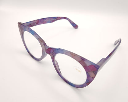 gafas premontadas de lectura de forma redondeada en tonos lila y rosa con estampado geométrico
