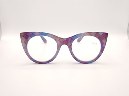 gafas premontadas de lectura de forma redondeada en tonos lila y rosa con estampado geométrico