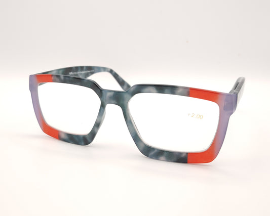 gafas de lectura rectangulares en gris azulado jaspeado con detalles rojo y lila en las esquinas