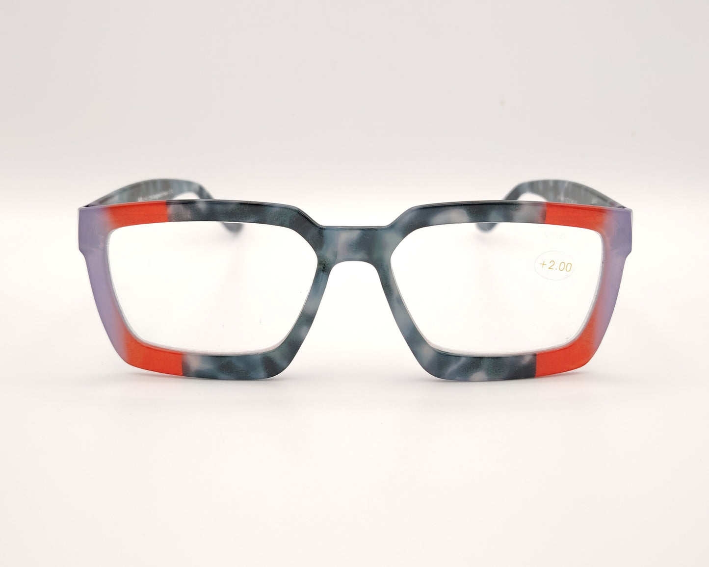 gafas de lectura rectangulares en gris azulado jaspeado con detalles rojo y lila en las esquinas