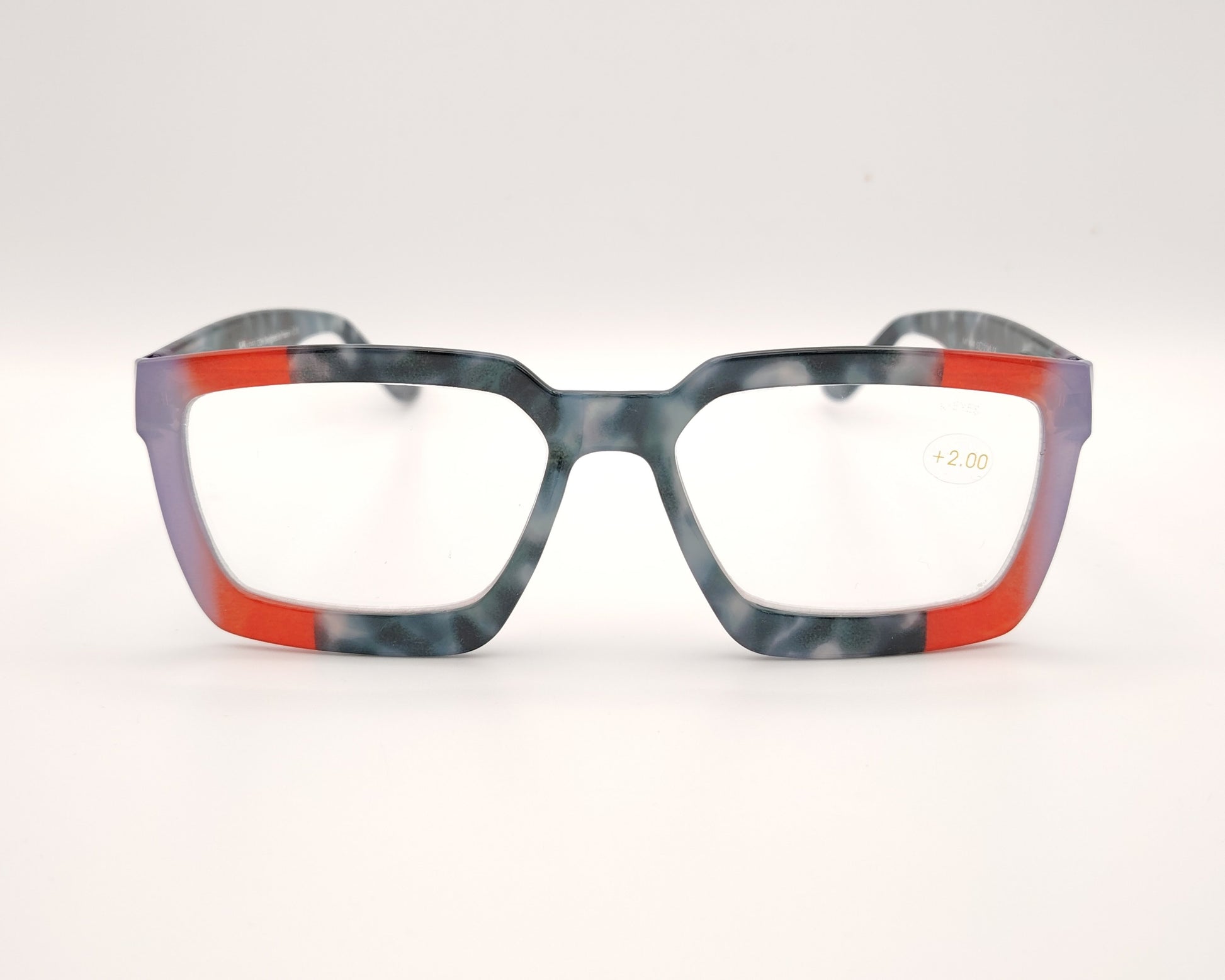 gafas de lectura rectangulares en gris azulado jaspeado con detalles rojo y lila en las esquinas