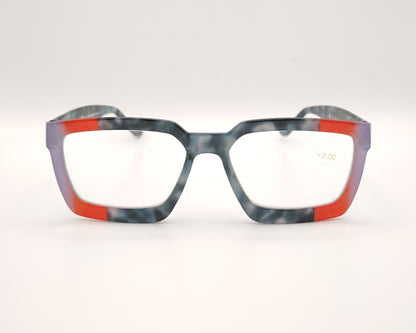 gafas de lectura rectangulares en gris azulado jaspeado con detalles rojo y lila en las esquinas