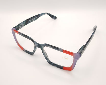 gafas de lectura rectangulares en gris azulado jaspeado con detalles rojo y lila en las esquinas