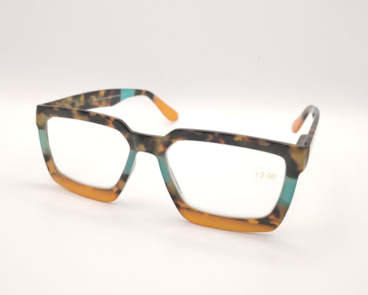 gafas premontadas de lectura de forma rectangular en habana con bloques verde y mostaza