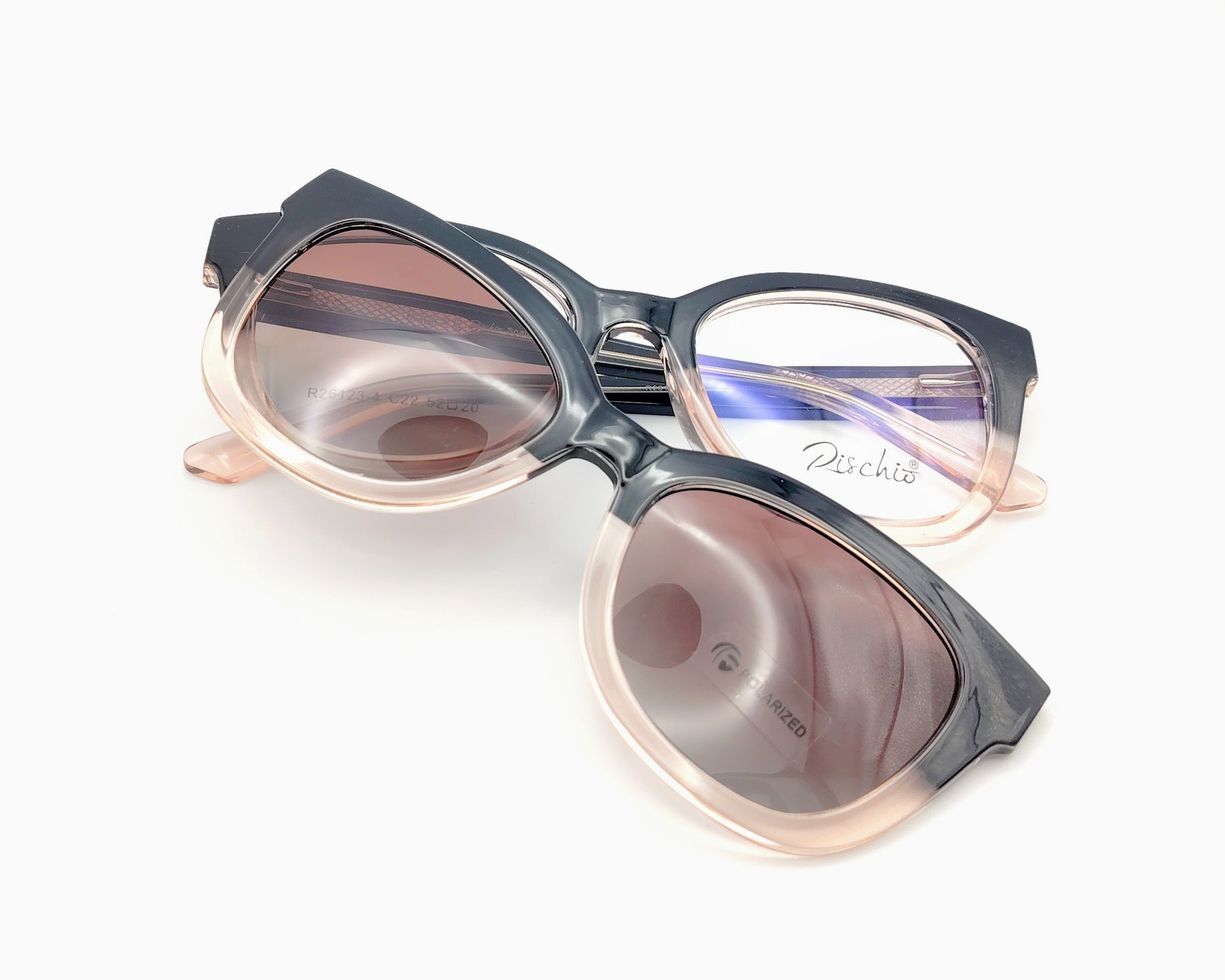 rischio r26123 4 c22 gafas graduadas montura de acetato en forma ligeramente redondeada bicolor negro y rosa traslúcido, incluye clip solar magnético con lentes polarizadas diseño práctico y funcional