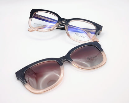 rischio r26123 4 c22 gafas graduadas montura de acetato en forma ligeramente redondeada bicolor negro y rosa traslúcido, incluye clip solar magnético con lentes polarizadas diseño práctico y funcional