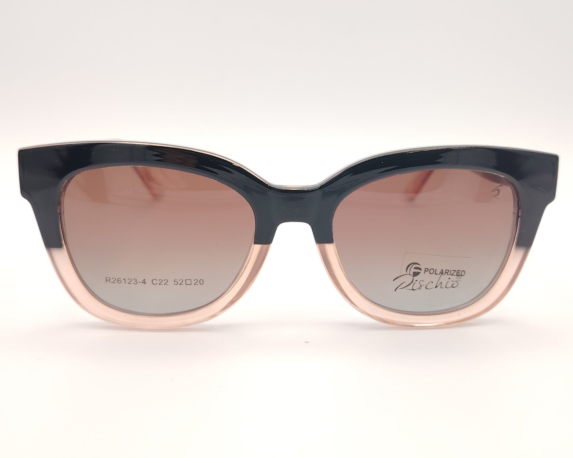 rischio r26123 4 c22 gafas graduadas montura de acetato en forma ligeramente redondeada bicolor negro y rosa traslúcido, incluye clip solar magnético con lentes polarizadas diseño práctico y funcional