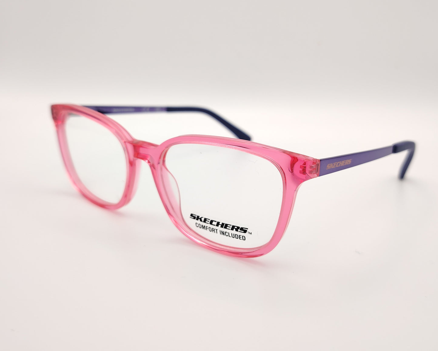 gafas graduadas skechers infantiles rosa translúcidas con varillas de metal violeta