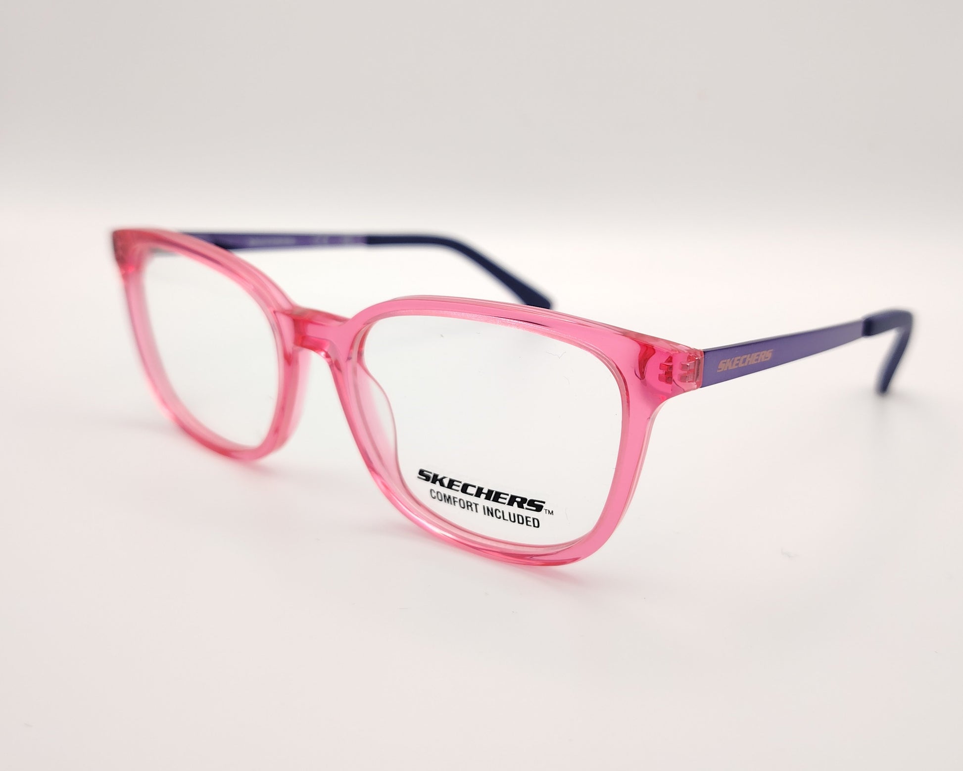 gafas graduadas skechers infantiles rosa translúcidas con varillas de metal violeta