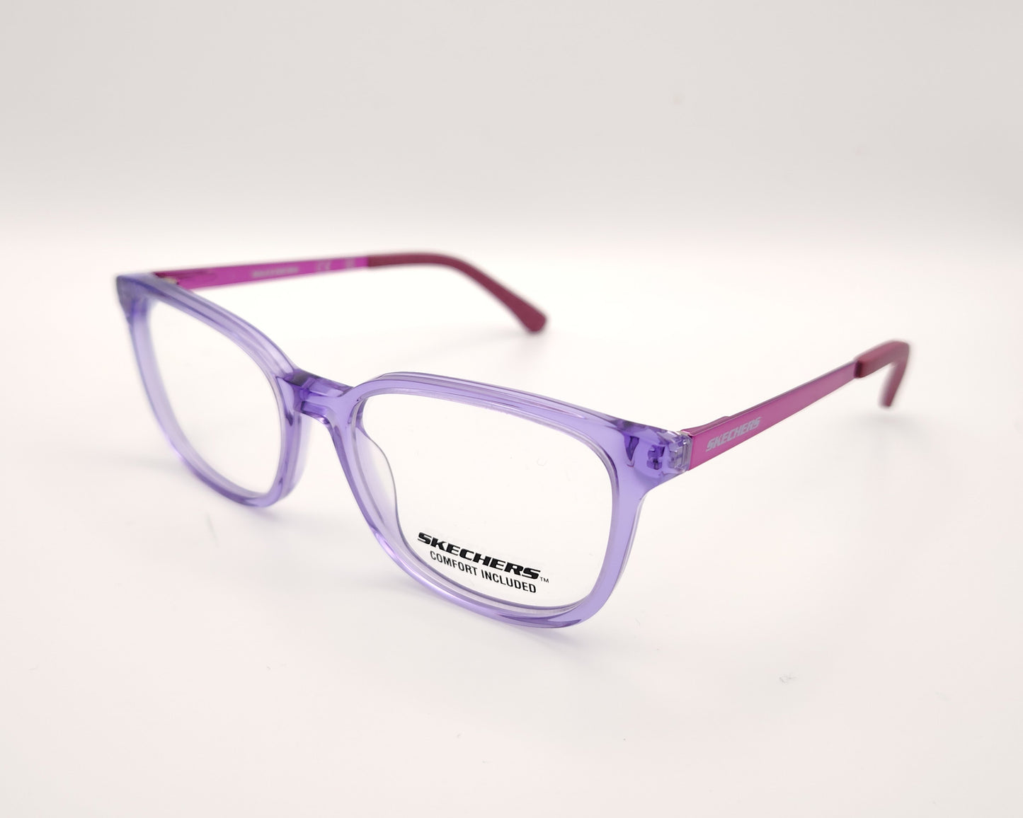gafas graduadas skechers infantiles lilas translúcidas con varillas de metal rosa