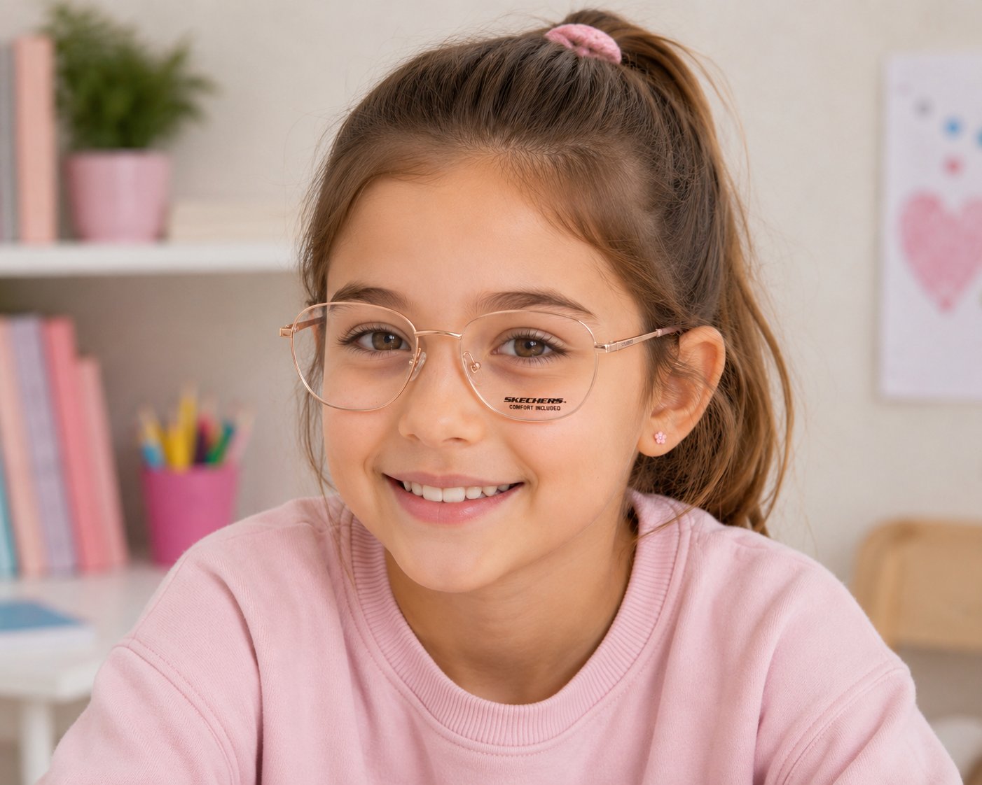gafas graduadas infantiles skechers metalizadas rosa claro con forma redondeada