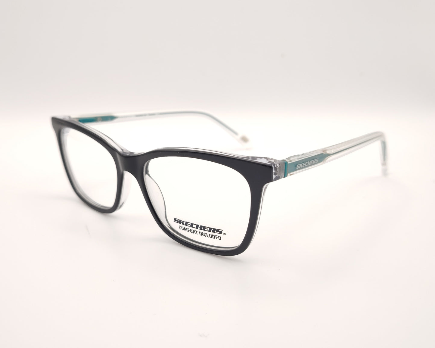 gafas graduadas skechers infantiles negras con varillas transparentes y detalles azules