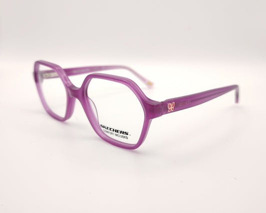 gafas graduadas infantiles skechers moradas translúcidas con detalle de mariposa en las varillas