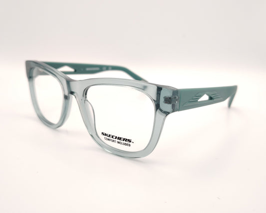 gafas skechers verde translúcido con montura de pasta y varillas verdes con detalles calados