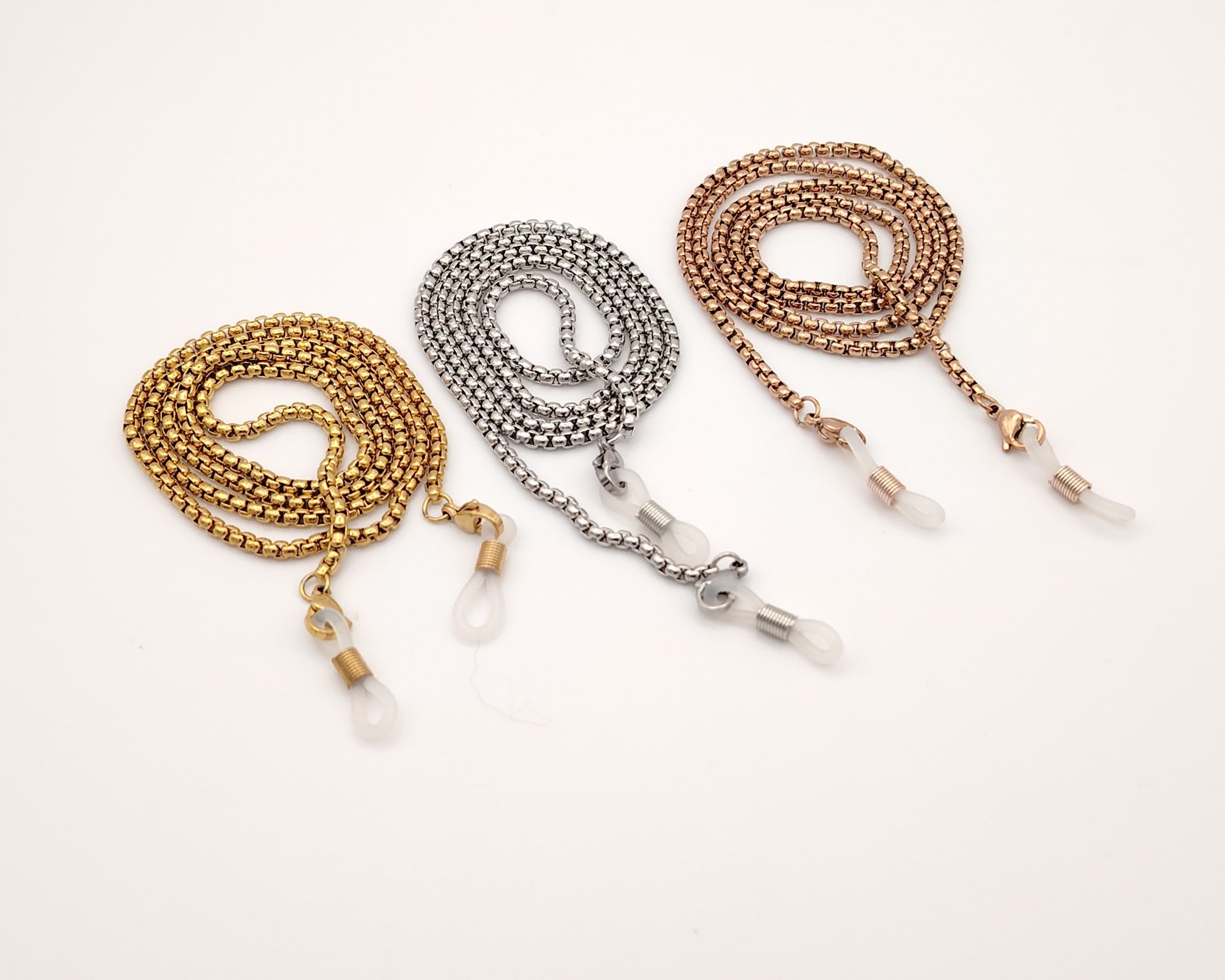 cadenas para gafas holly de argollas metálicas en color oro, oro rosa y plateado